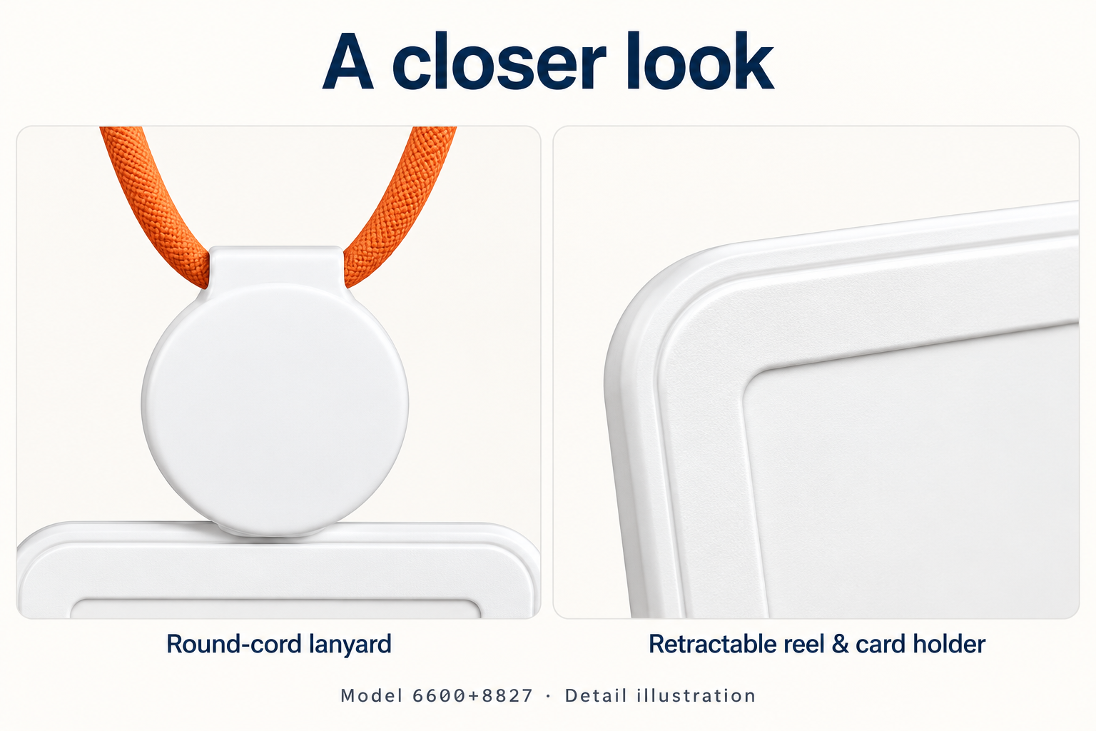 Retractable ID badge holder illustrated front details: cord, reel and rim.