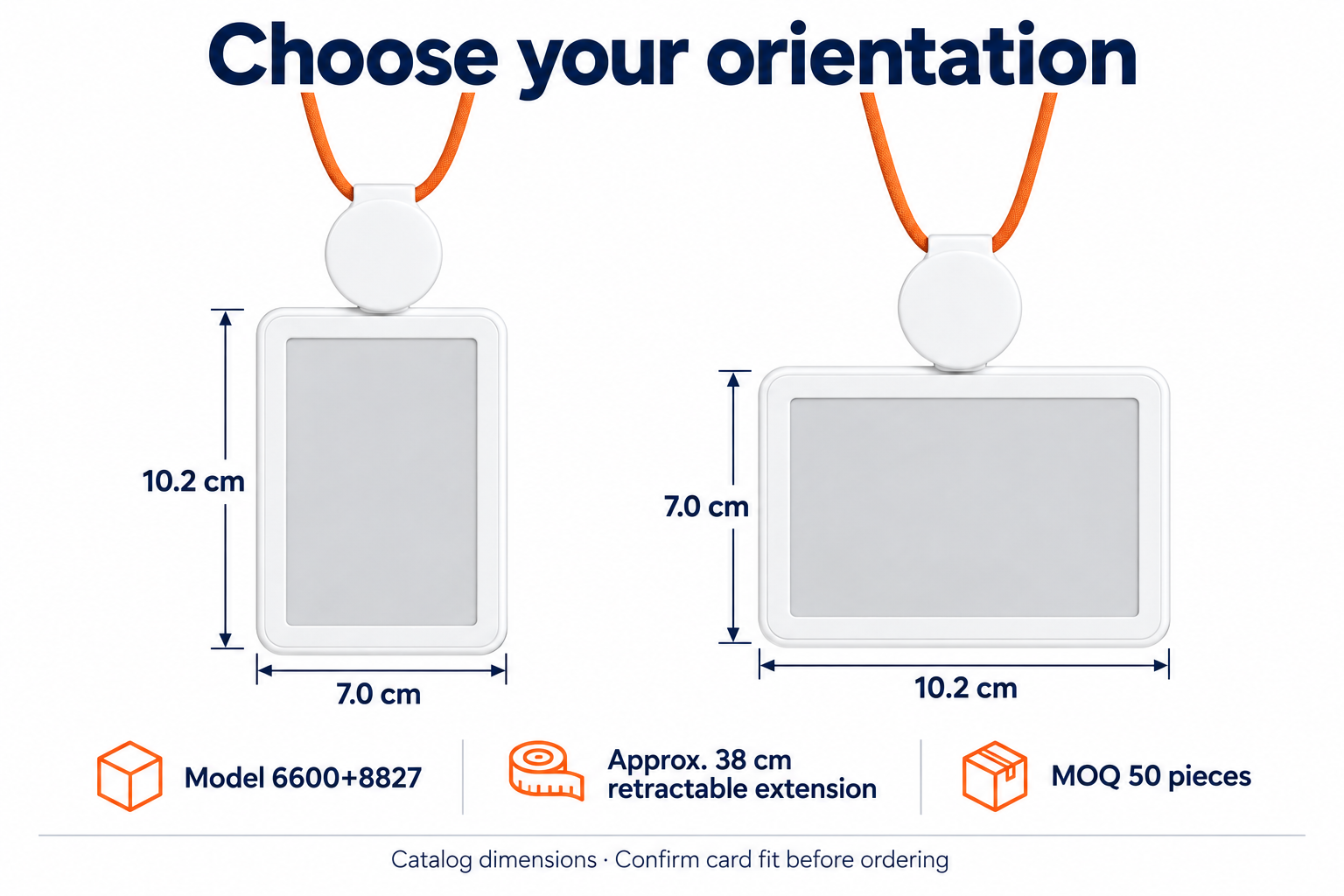 Retractable ID badge holder catalog dimensions: portrait and landscape.