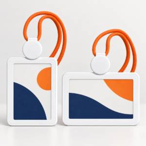 Retractable ID badge holder 6600+8827, portrait and landscape formats with orange round-cord lanyards and illustrative card inserts.